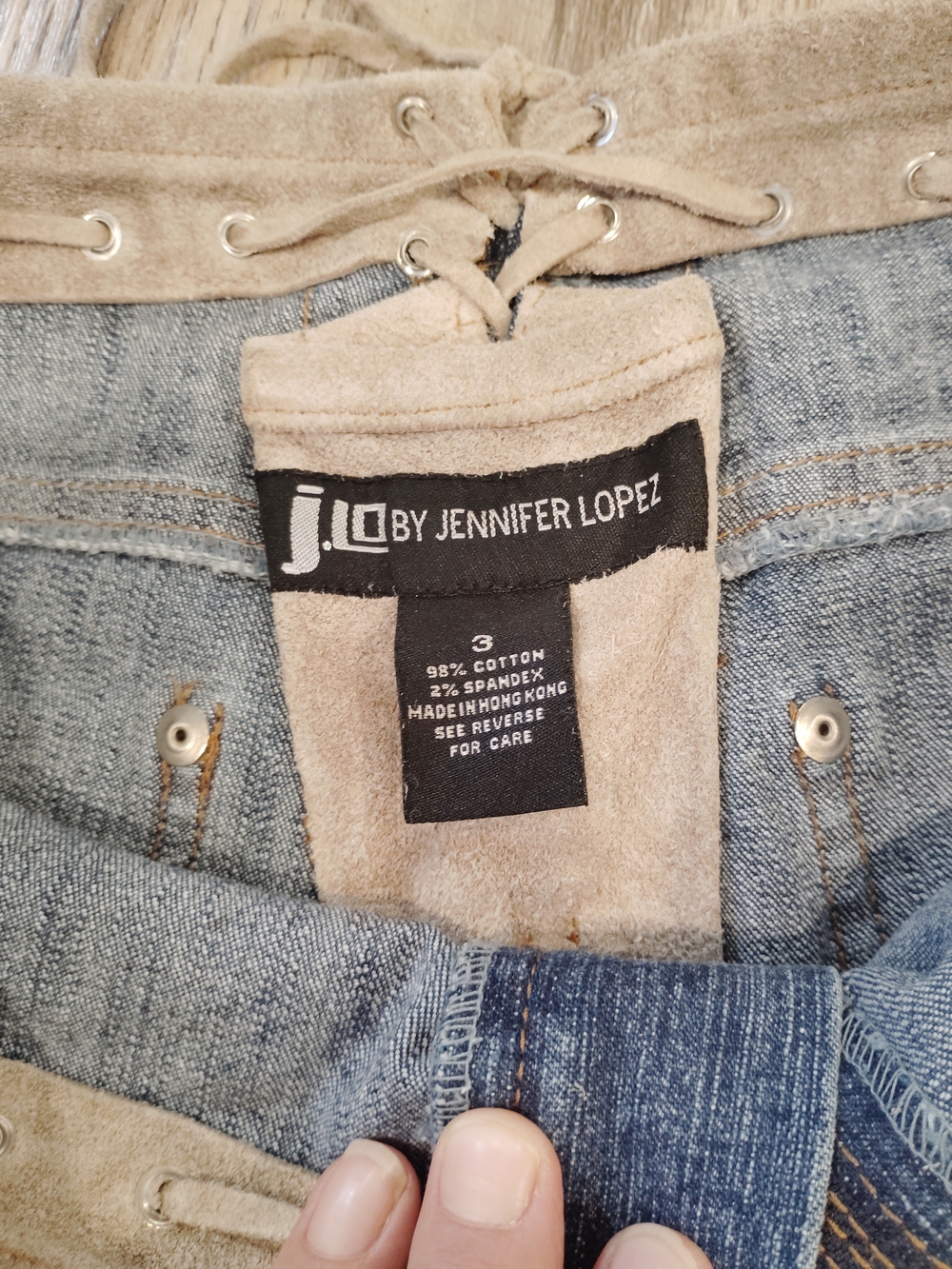 Vintage Y2K Jennifer Lopez Light Blue Denim Flare Jeans with Tan Suede Waist